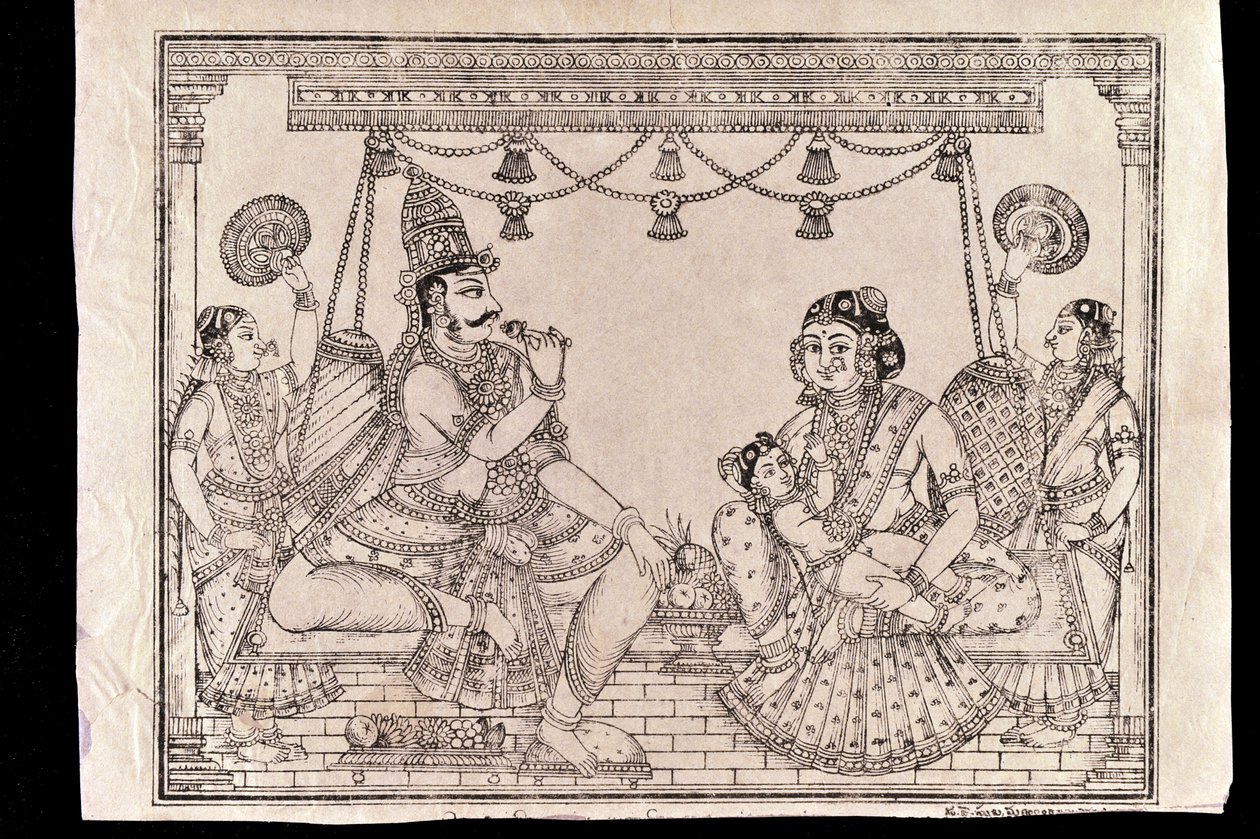 Aile sahnesi (tahta baskı) by Indian School
