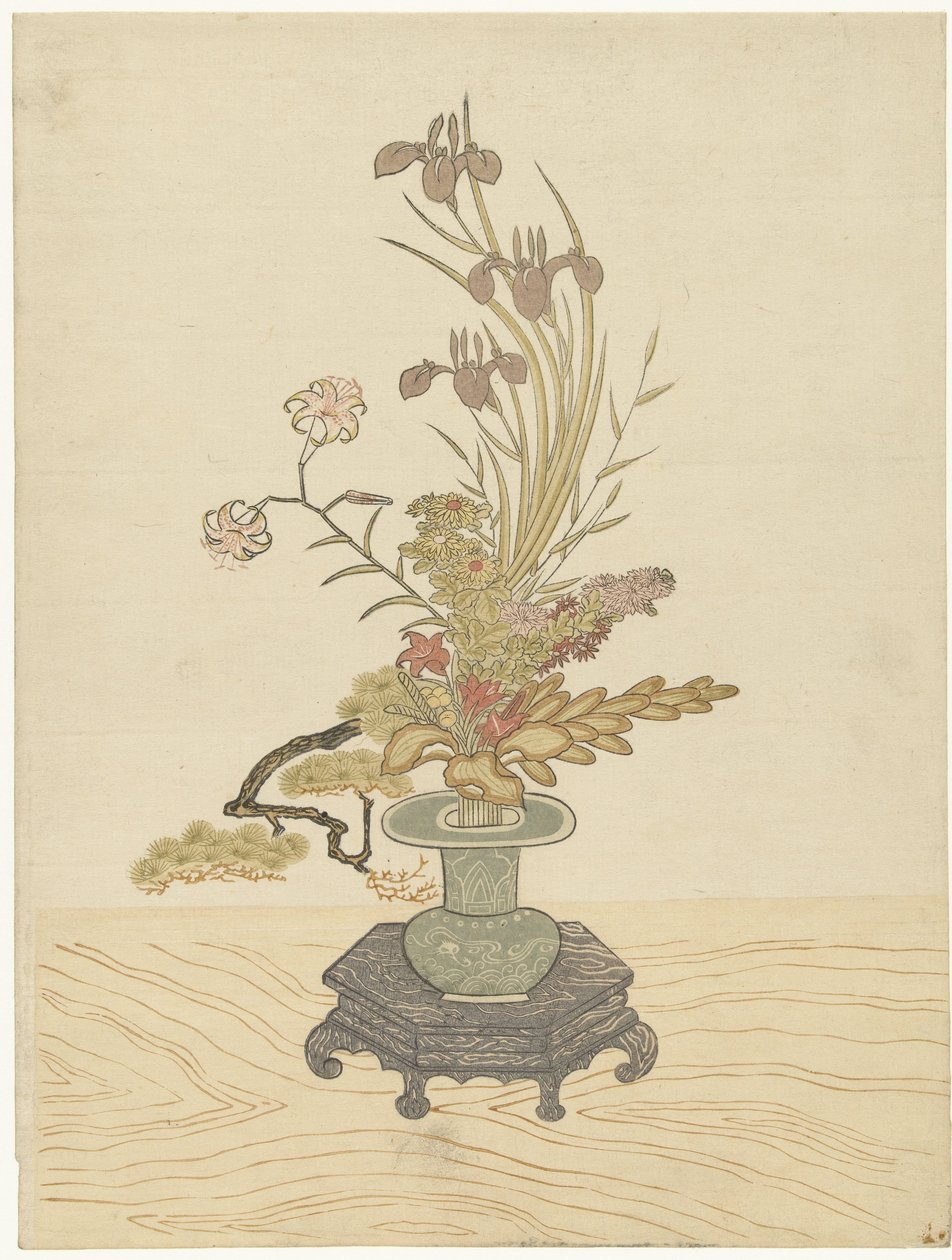Yeşil vazoda ikebana çiçek aranjmanı by Ippitsusai Bunchô (manner of)