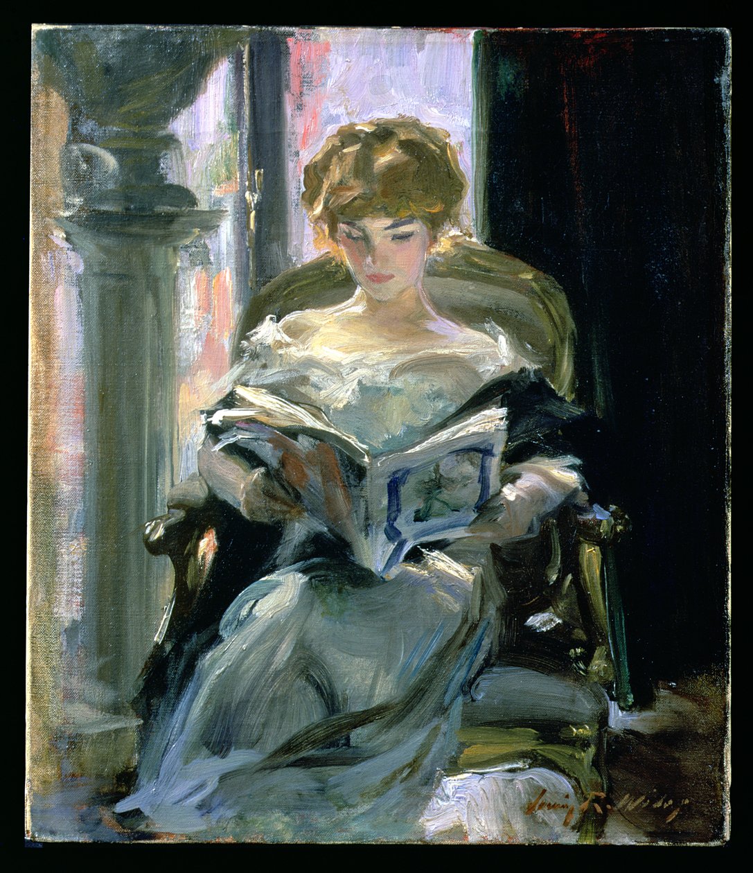 Kadın Okuma (tuval üzerine yağlı boya) by Irving Ramsay Wiles