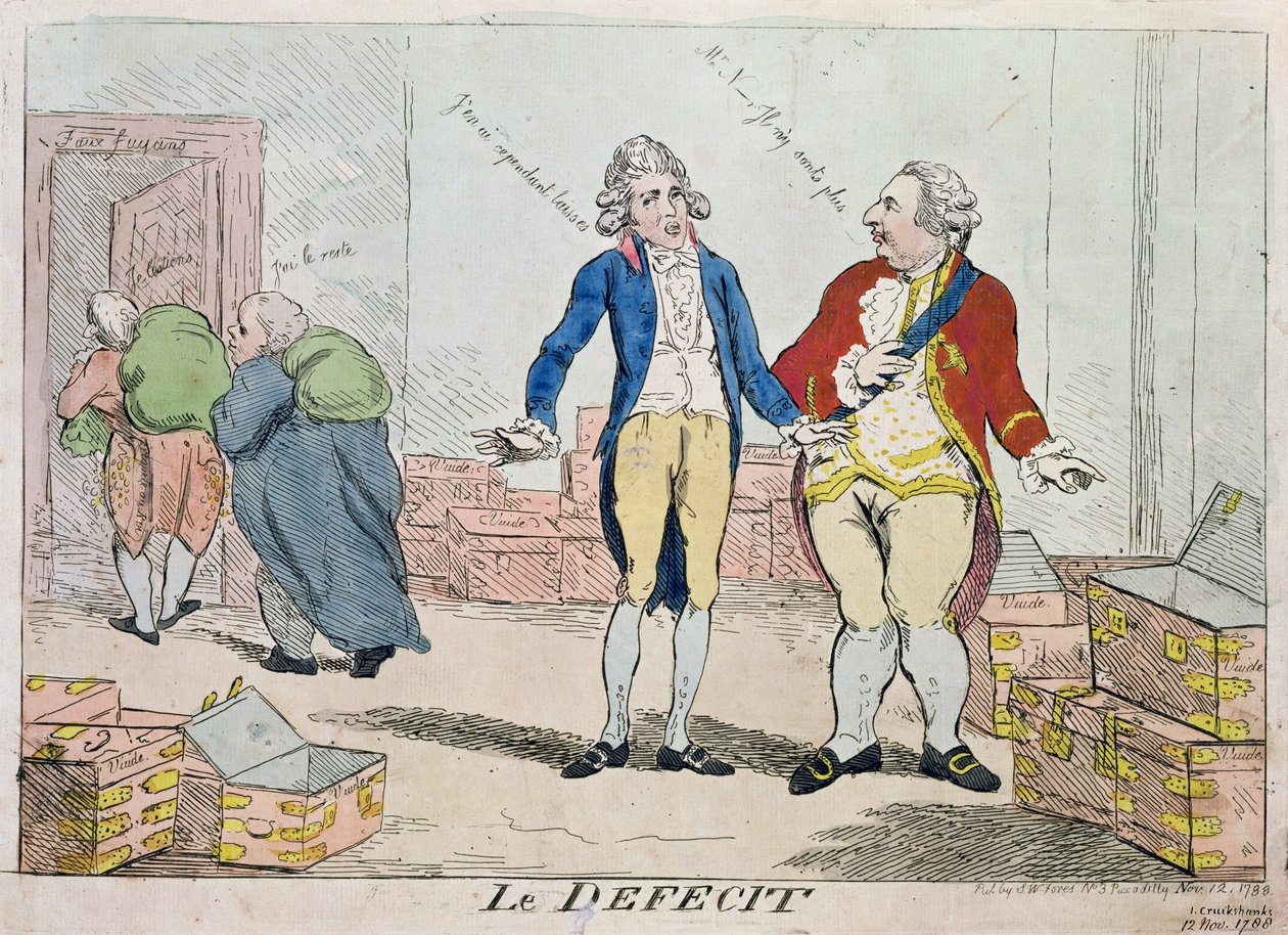 Le Deficit, 1788 (renkli gravür) by Isaac Robert Cruikshank