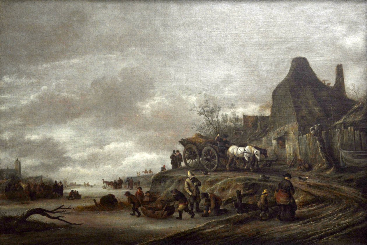 Arabanın bir yoldan aşağı indiği donmuş kanal by Isaac van Ostade