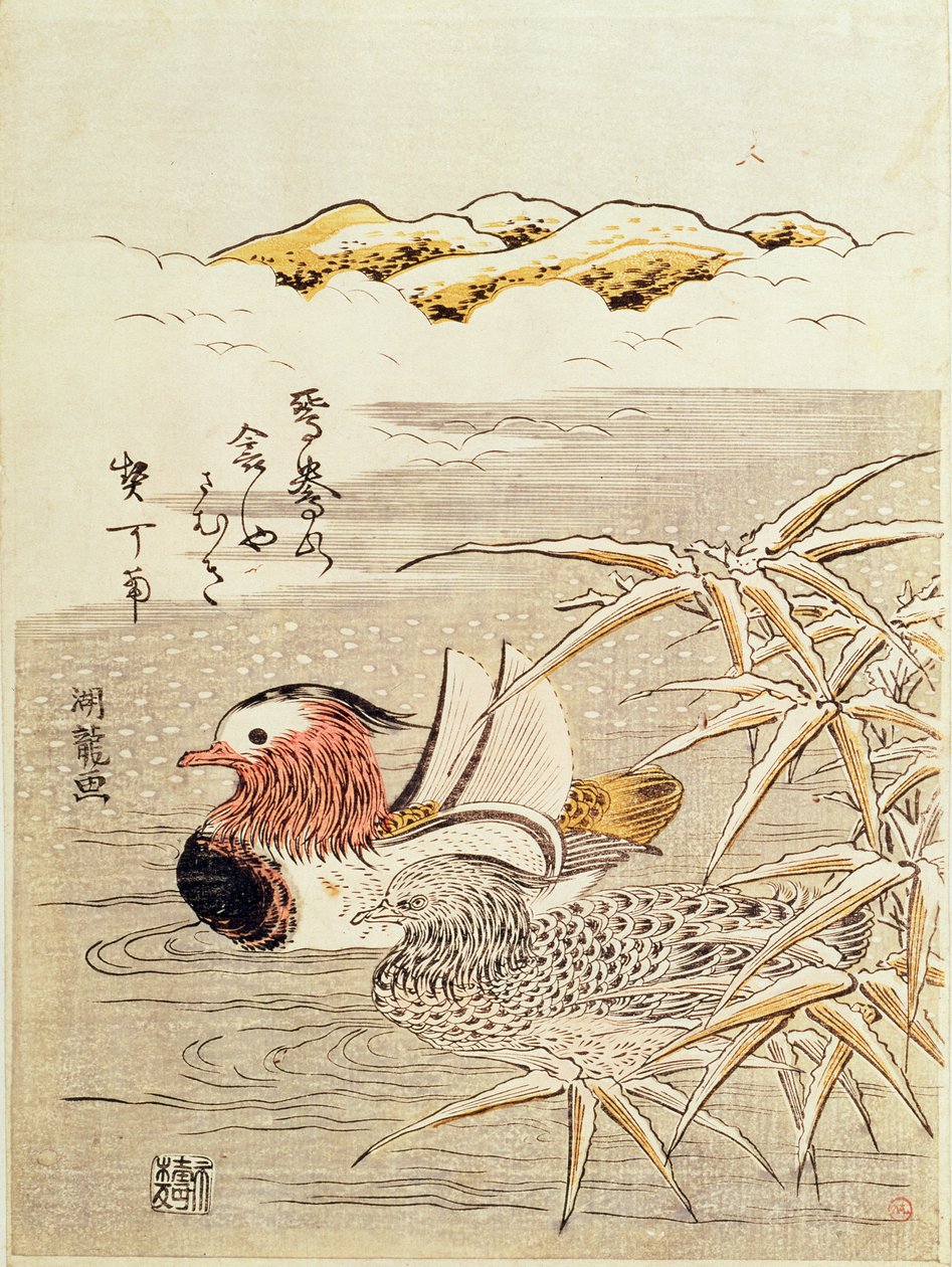 Bir Çift Mandarin Ördeği, (renkli tahta baskı) by Isoda Koryusai