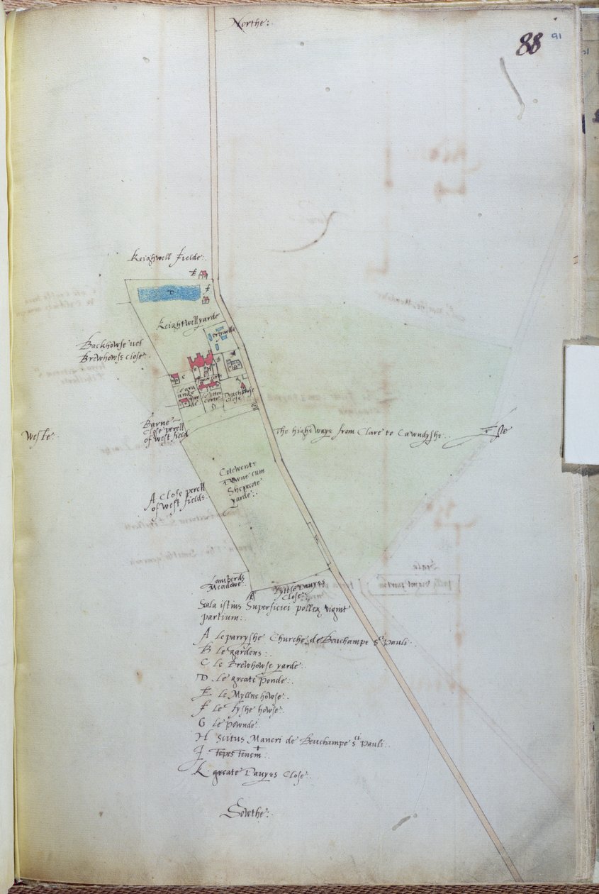 Ms 255171 fol.88 Map of the village of Belchamp St. Paul, 1576 pen & ink and wc on paper by Israel Amyce