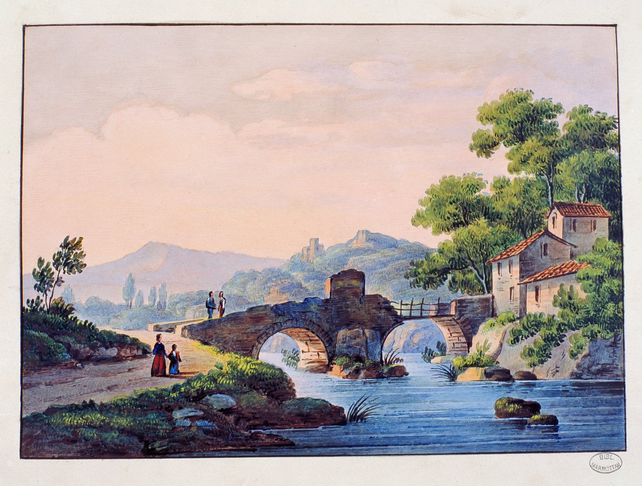 Bir nehir üzerinde köprü, İtalyan manzarası by Italian School