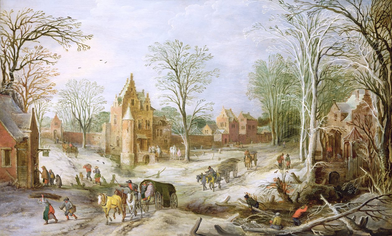 Bir araba (panel) ile ormanlık bir kış manzarası by J. and Momper, J. de Brueghel