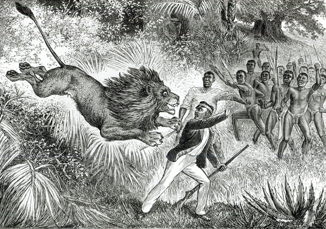 Livingstone Aslan Tarafından Saldırıya Uğradı (bw fotoğraf) by J.M. Cobner