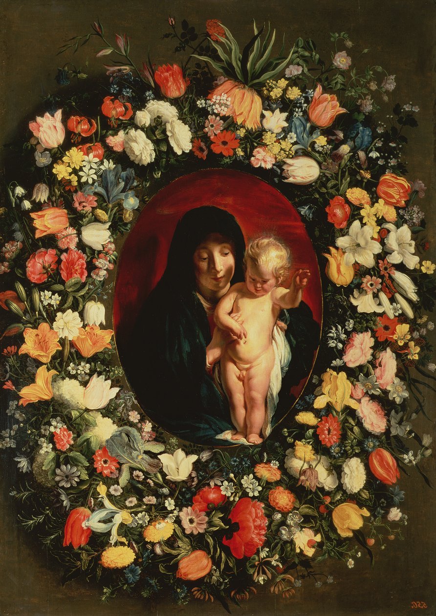ಮಡೋನಾ ಮತ್ತು ಮಗು ಹೂವುಗಳಿಂದ ಹಾರ ಹಾಕಿದರು, c.1618turk by Jacob Jordaens