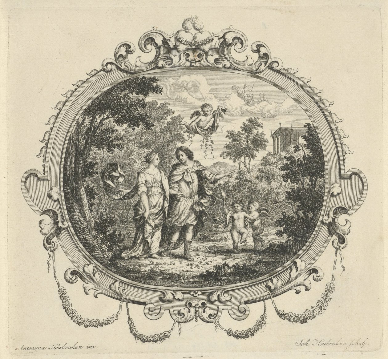 Putti eşliğinde yürüyen çift by Jacob Houbraken