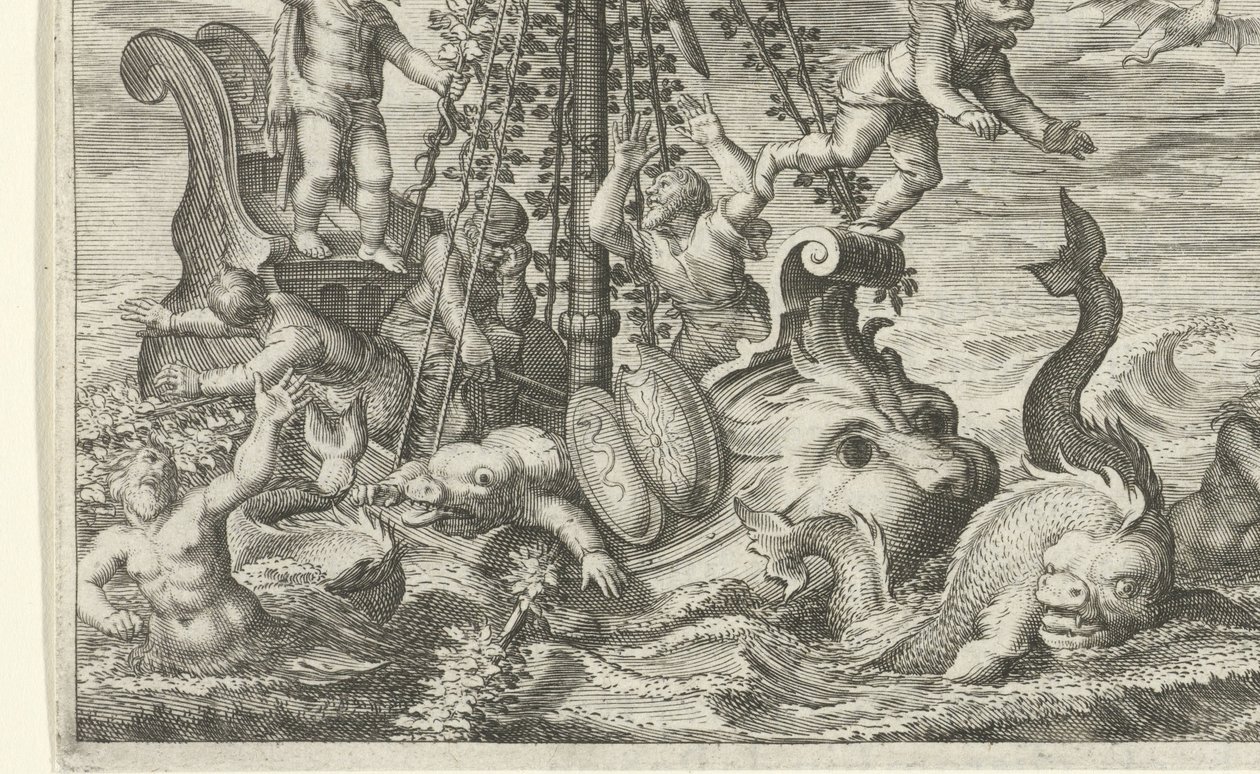 Bacchus, kendisini kaçıranları yunuslara dönüştürüyor by Jacob Matham