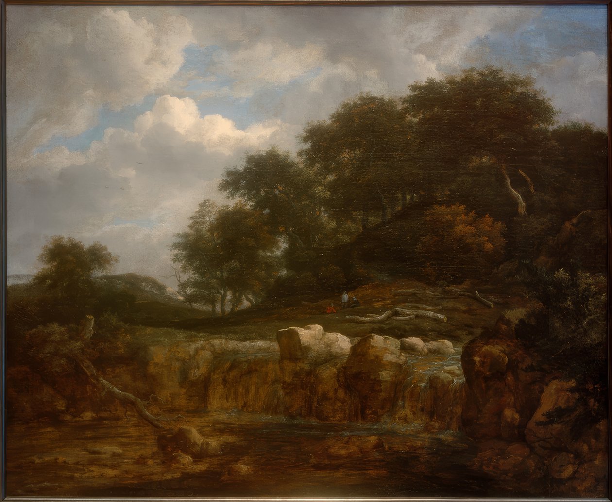 Tepelik bir orman manzarasında şelale by Jacob van Ruisdael