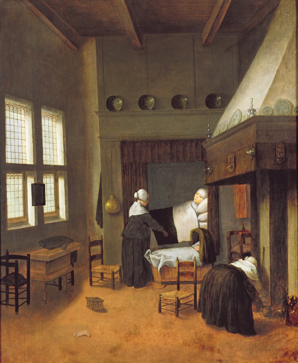 Anne ve Yeni Doğan Çocuk ile Yatak Odası İçi by Jacobus Vrel or Frel