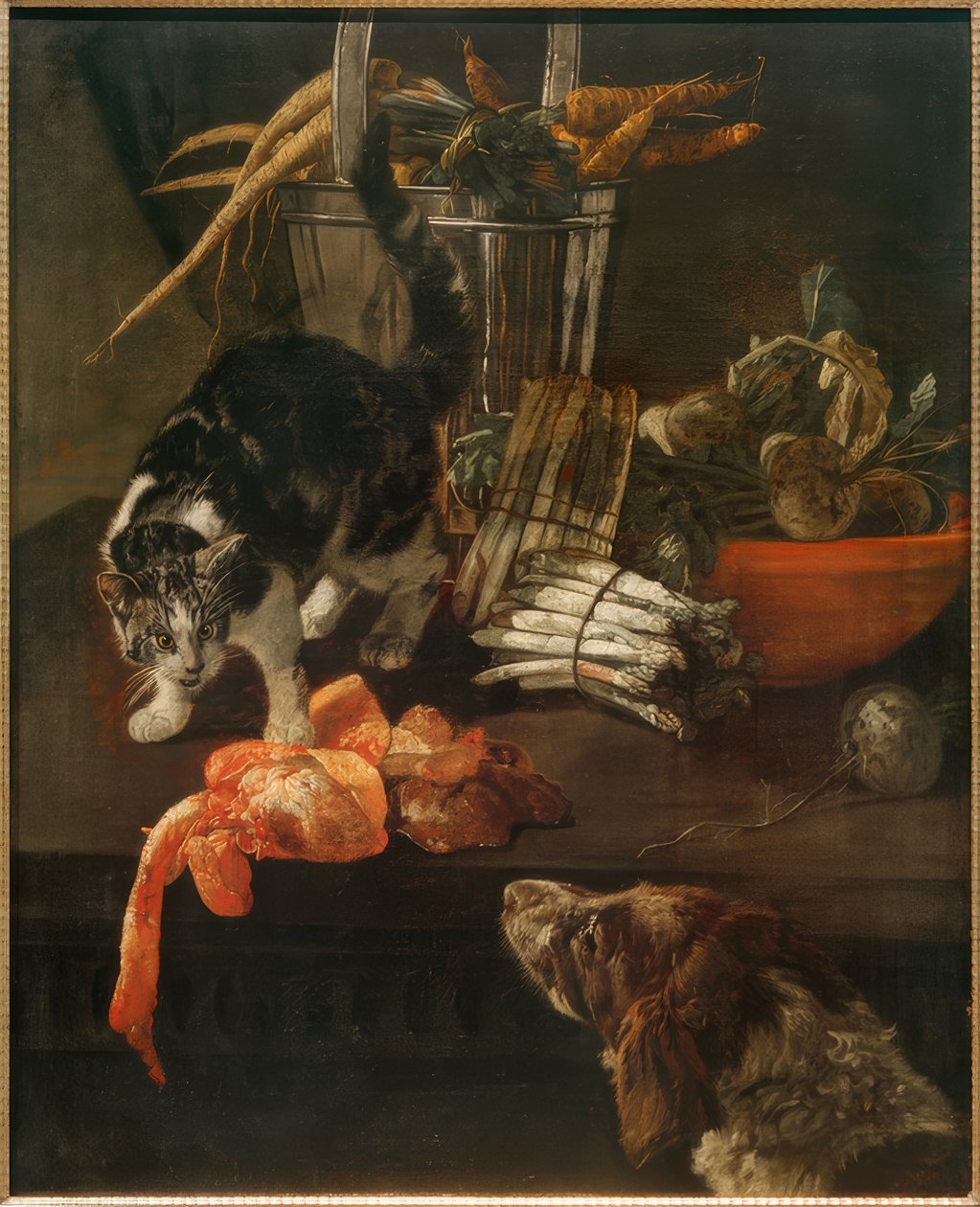 Köpek ve kedi ile mutfak parçası by Jacobus Victors