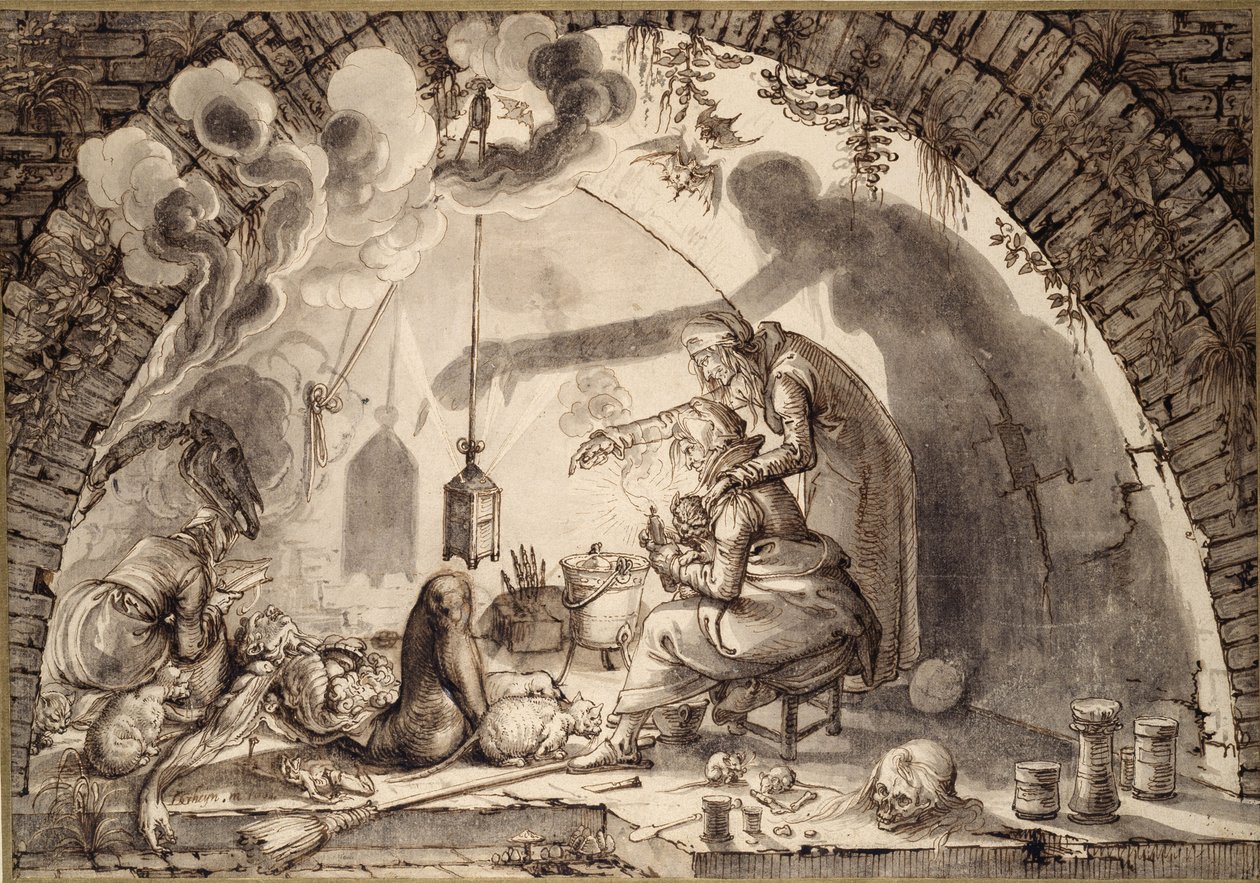 Bir Cadı Mutfağı, c.1600 (kalem ve mürekkep ve kağıt üzerinde yıkama) by Jacques II de Gheyn