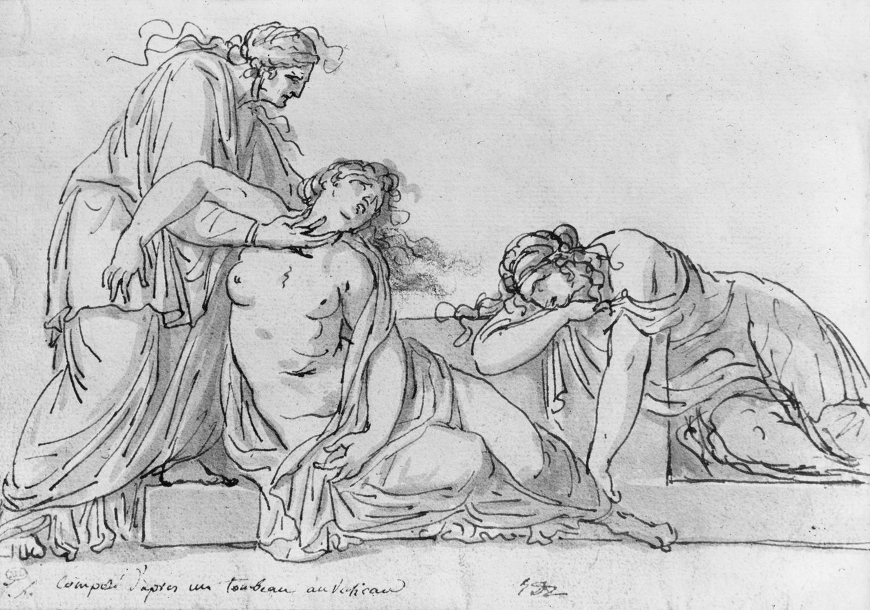İki bayılan kadının üzerine eğilen yaşlı kadın, c.1776 (kağıt üzerinde kalem ve kahverengi mürekkep ve gri yıkama ve pierre noire) by Jacques Louis David