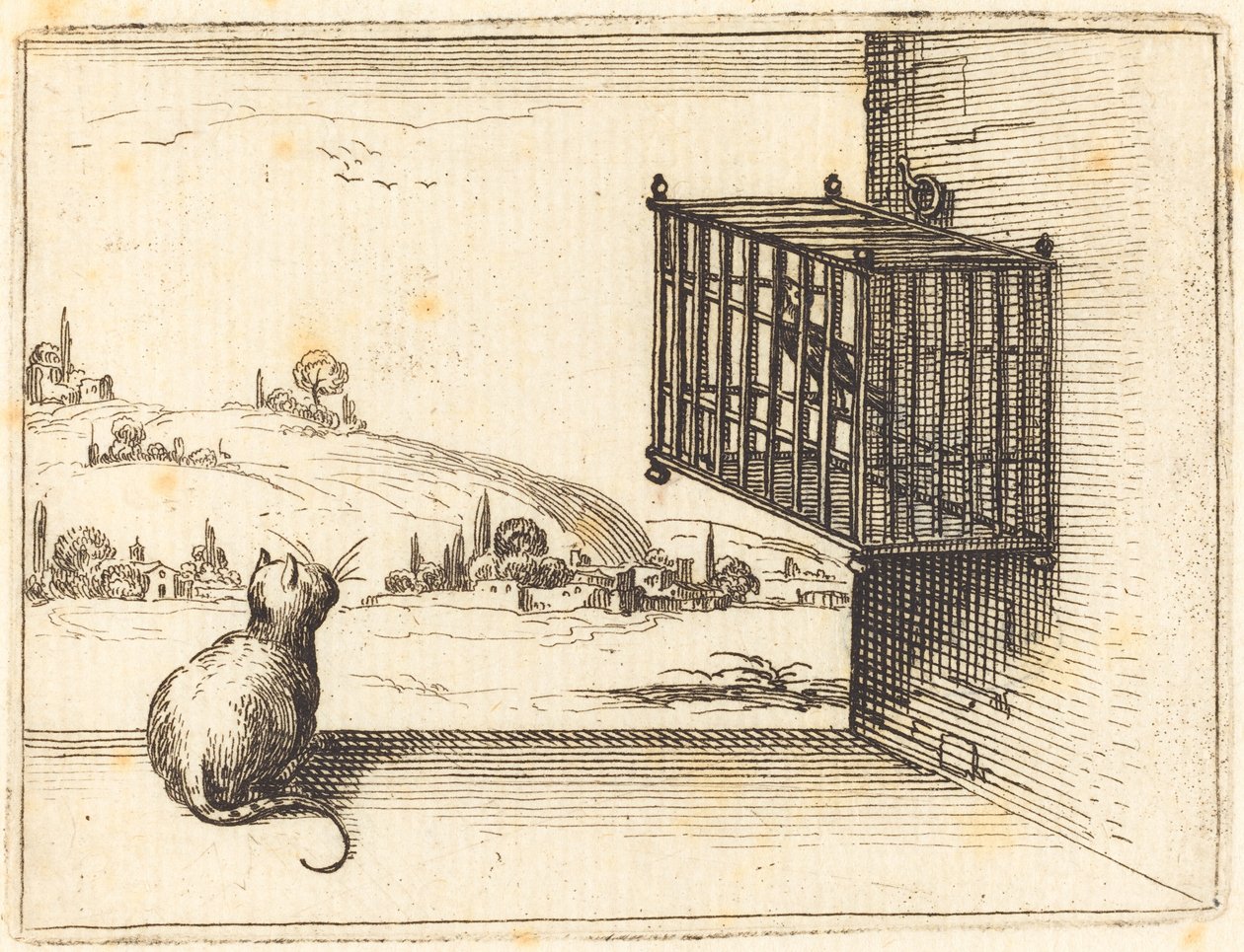 Kafesteki Kuşu İzleyen Kedi, 1628. by Jacques Callot