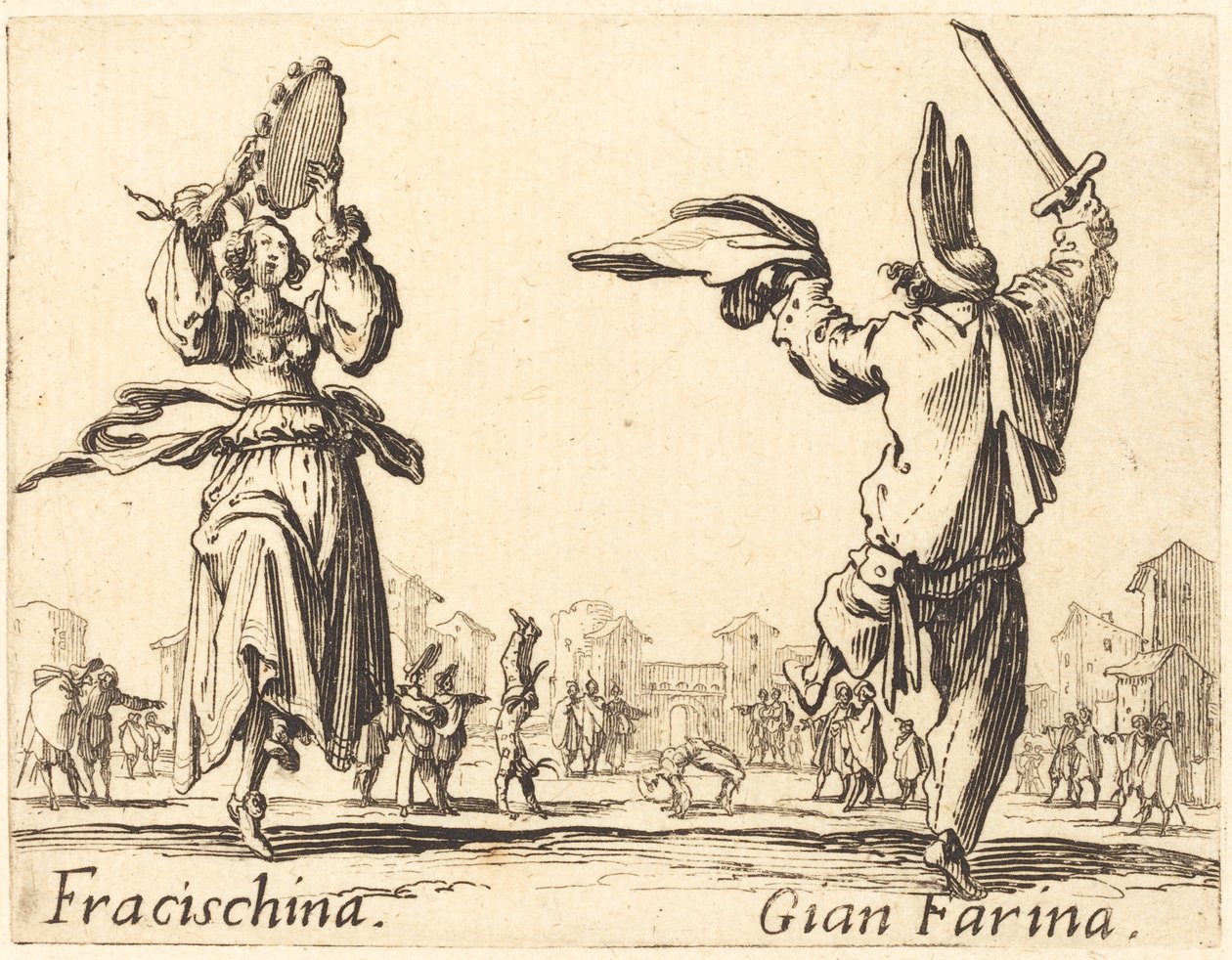 Fracischina ve Gian Farina, c. 1622. by Jacques Callot