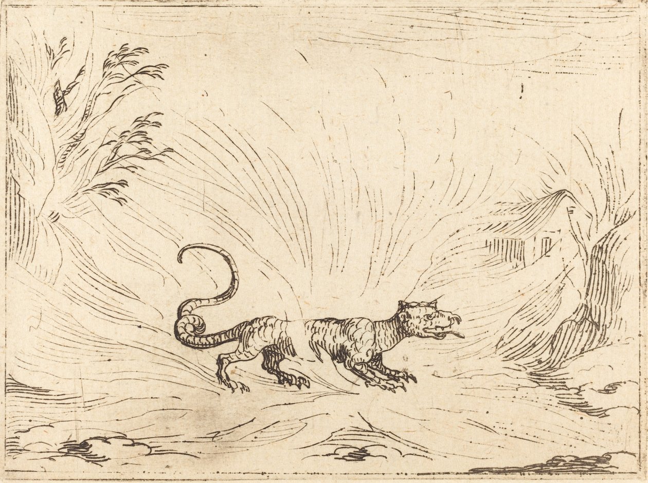 Alevlerle çevrili semender. by Jacques Callot
