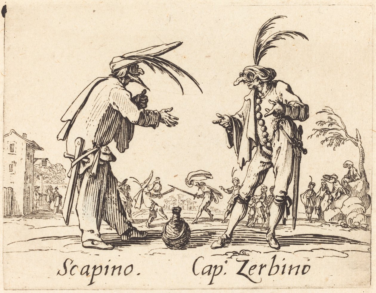 Scapino ve Yüzbaşı Zerbino, c. 1622. by Jacques Callot