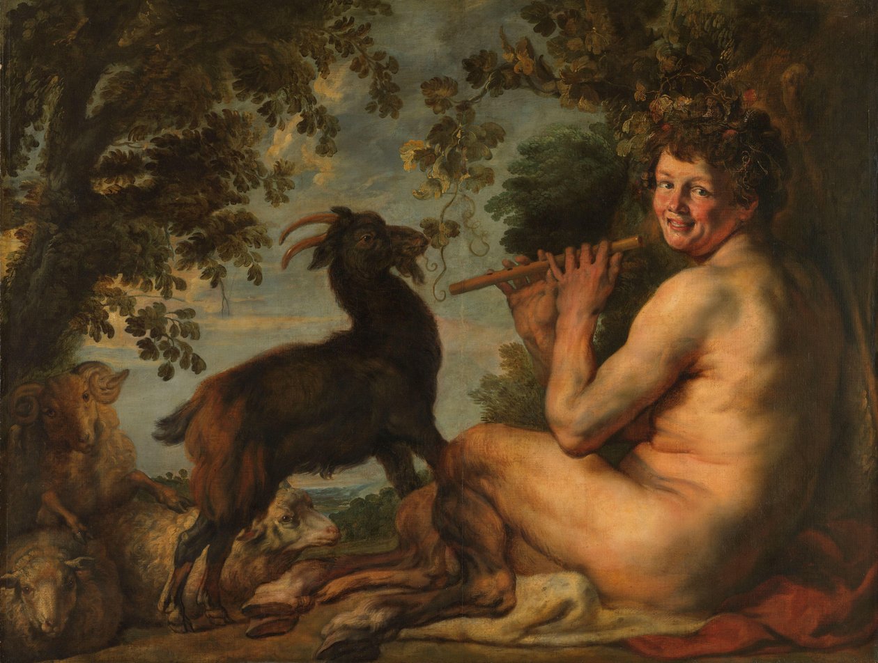 bir satir sürüsünü otlatan pan by Jacques Jordaens
