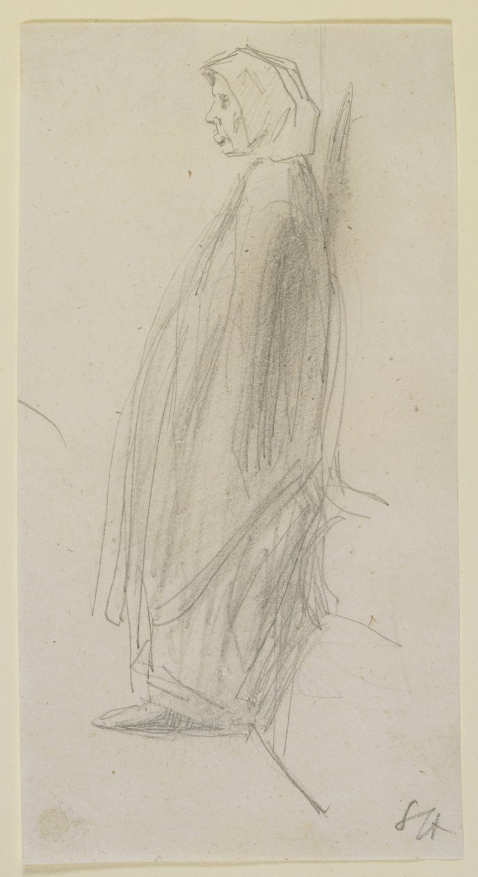 Ayakta duran yaşlı bir kadının profil çizimi, 1858 (beyaz kağıt üzerine kalem) by James Abbott McNeill Whistler