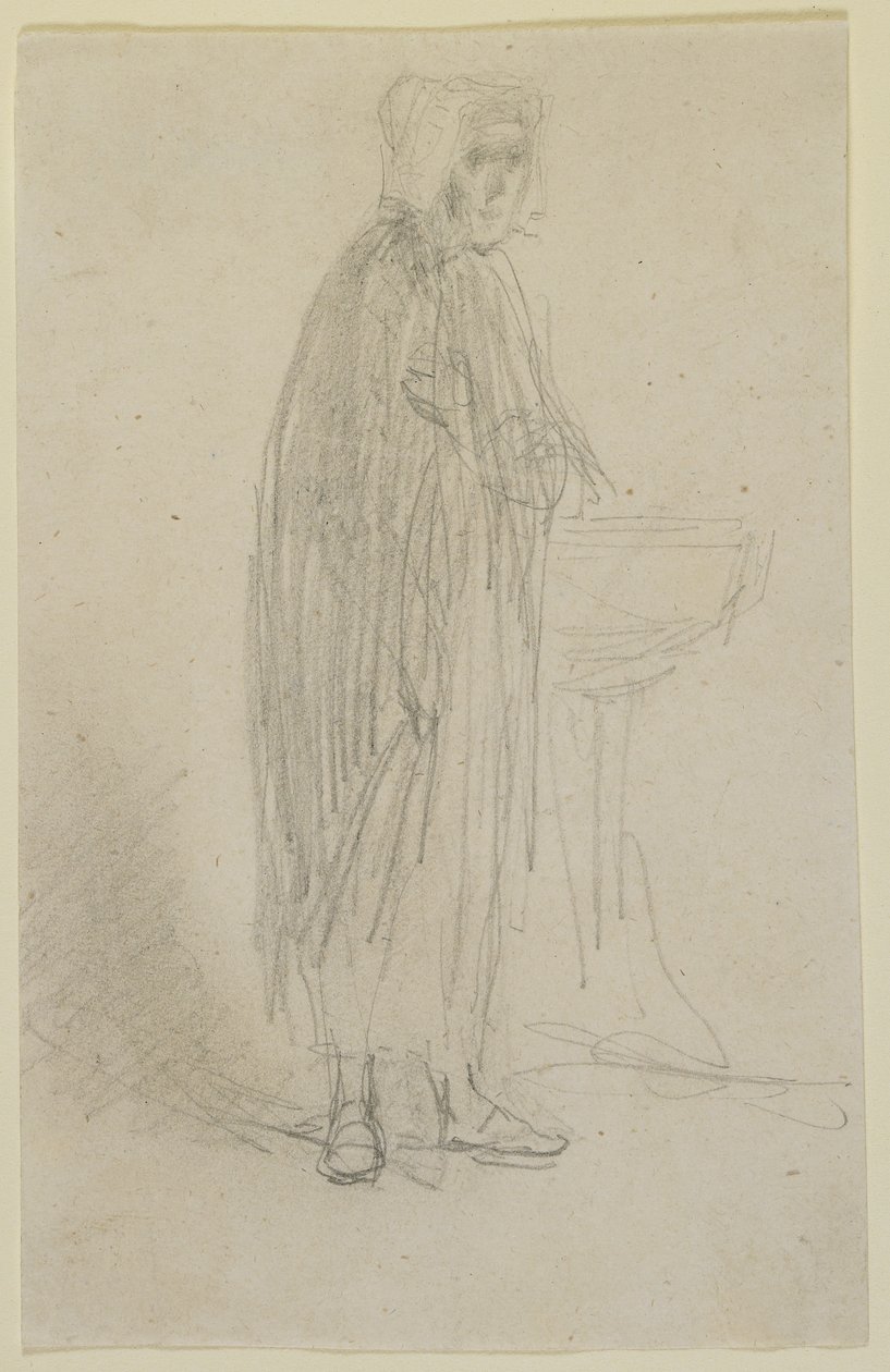 Ayakta duran yaşlı bir kadın figürü, c.1855-58 (kirli beyaz dokuma kağıt üzerine kurşun kalem) by James Abbott McNeill Whistler