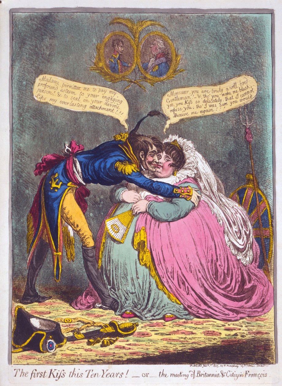 The First Kiss this Ten Years! Or the meeting of Britannia und Citizen Francois, pub. 1803 (hand coloured engraving) by James Gillray