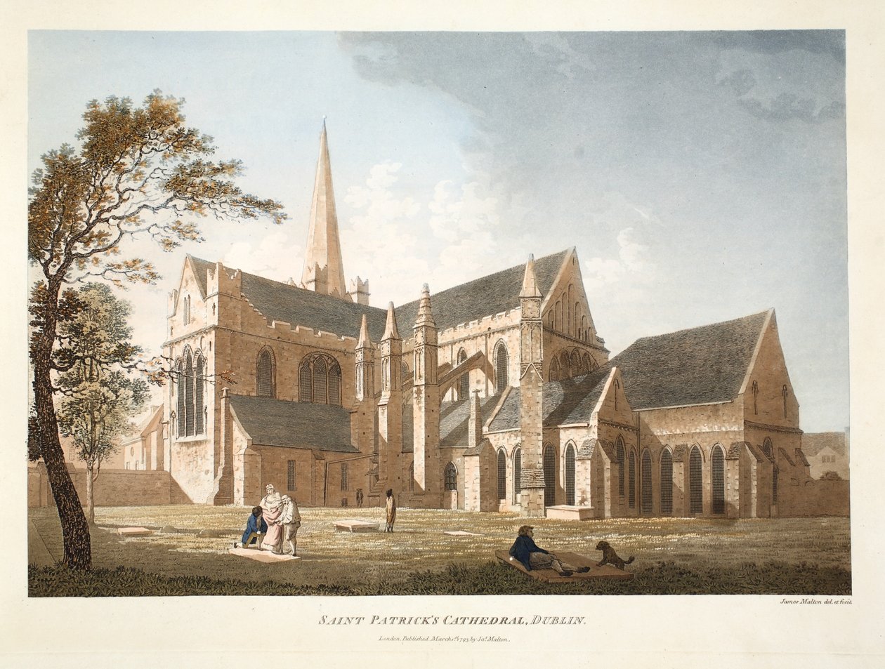 Aziz Patrick Katedrali, Dublin, 1793 (el renkli gravür) by James Malton