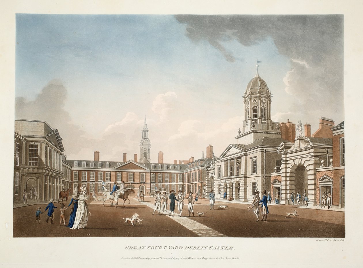 The Great Court Yard, Dublin Kalesi, 1792 (el renkli gravür) by James Malton