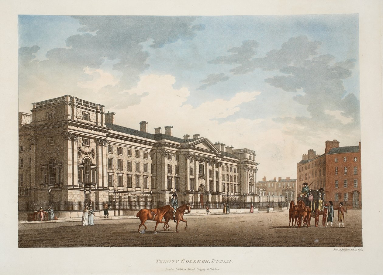 Trinity College, Dublin, 1793 (el boyaması gravür) by James Malton