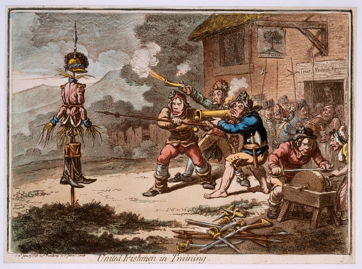 'Birleşik İrlandalılar eğitimde' by James Gillray