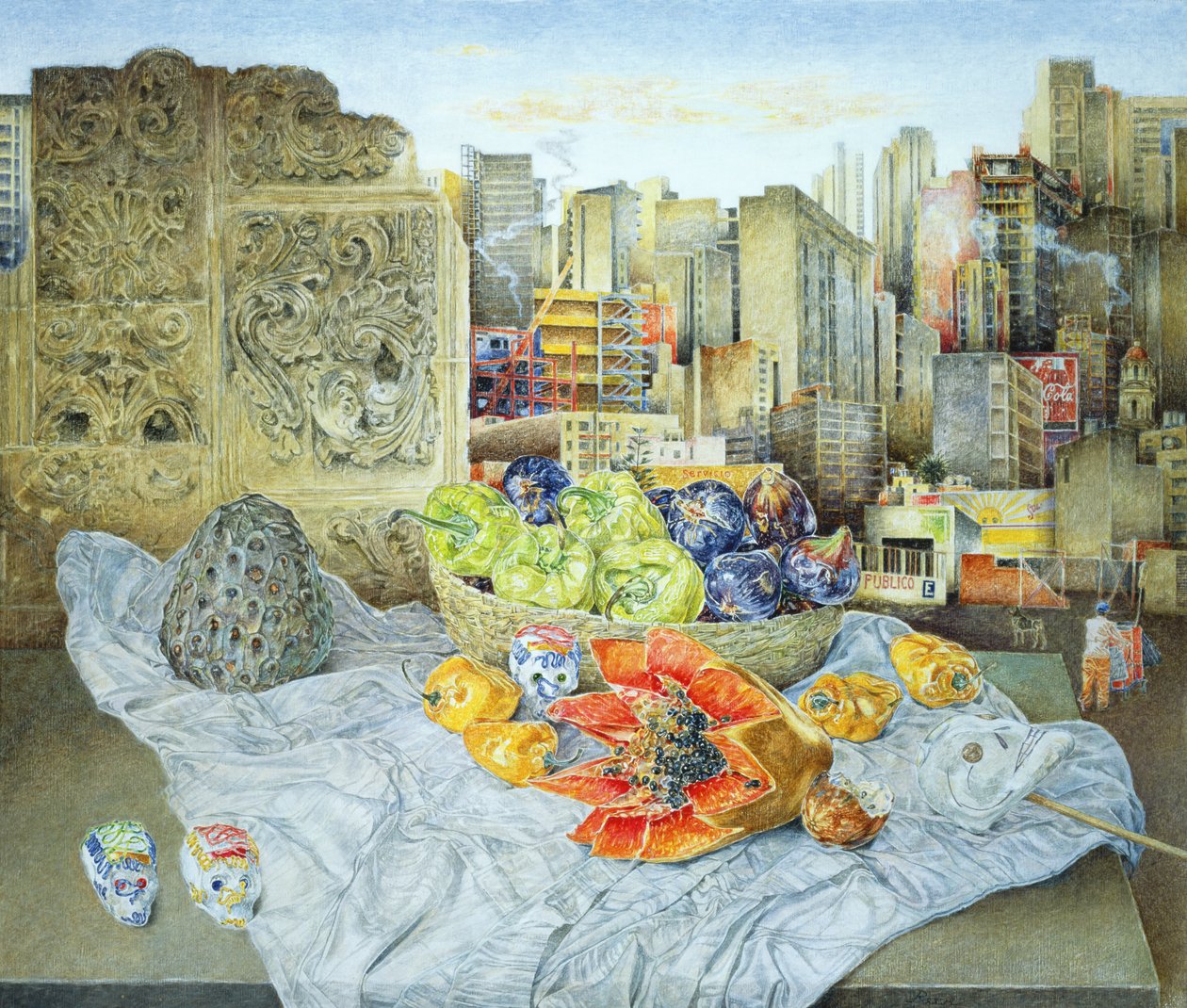 Papaya ve Cityscape ile Natürmort, 2000 by James Reeve