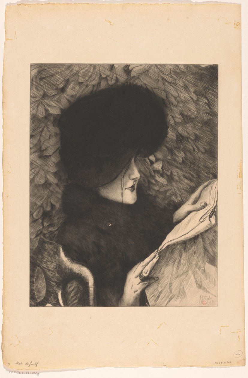 Bir gazete Le günlüğünde okuyan kadın by James Tissot