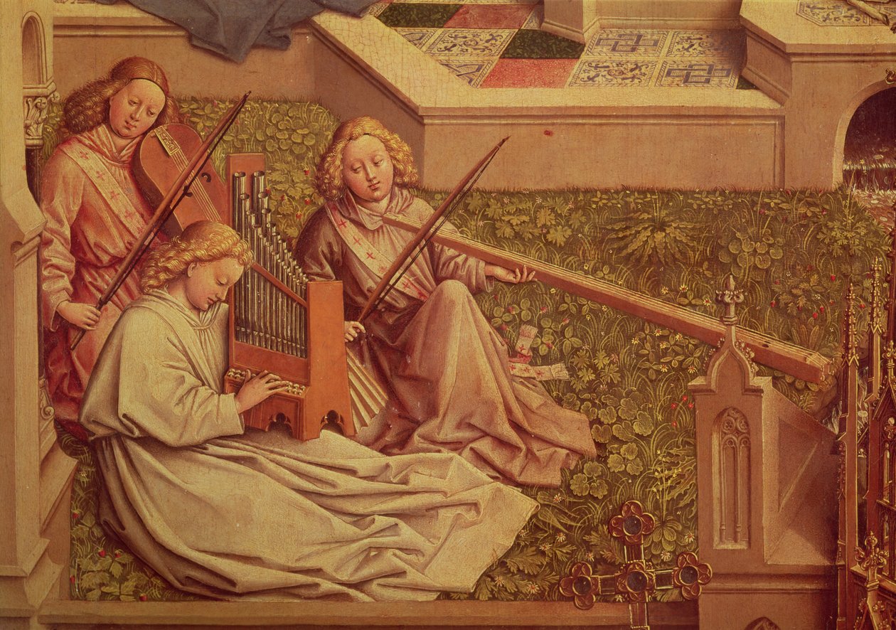 Grace Çeşmesi, üç melek müzisyenin detayı by Jan van Eyck