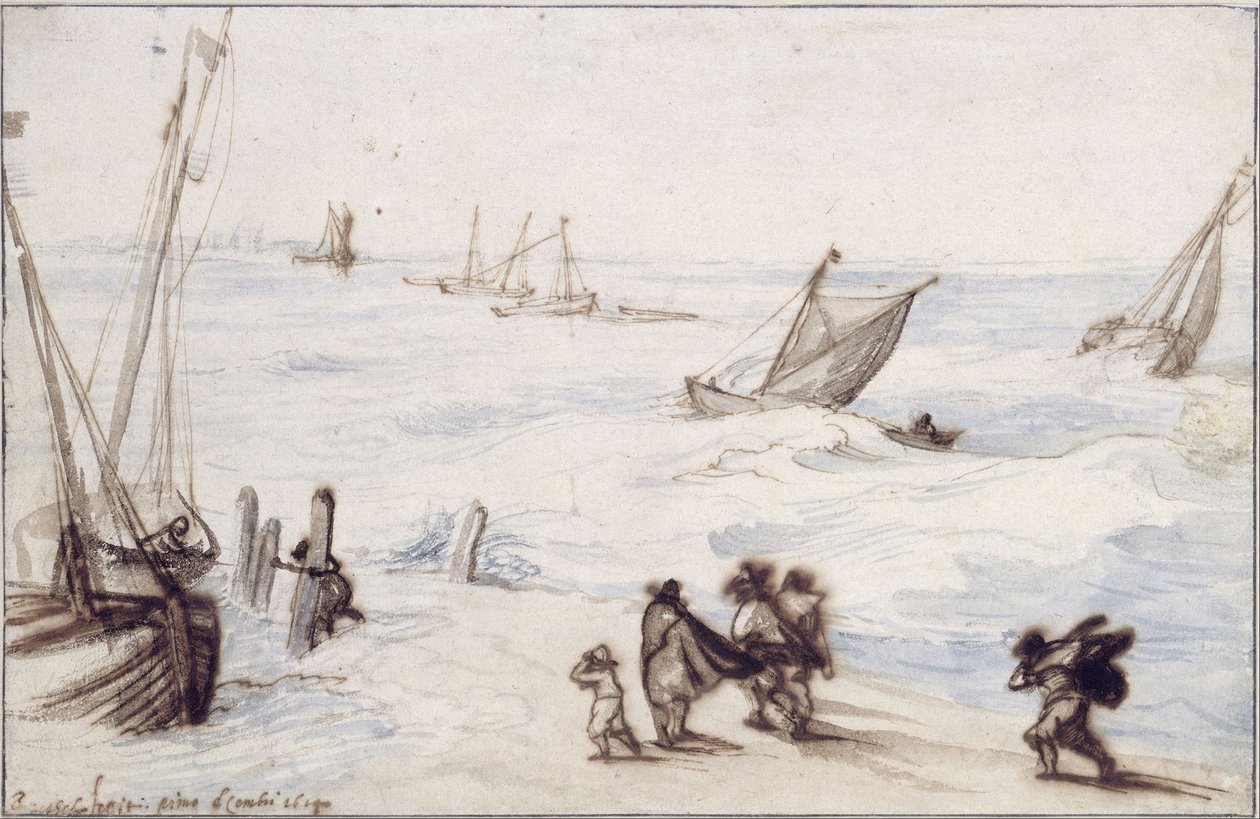 Yelkenli ve fırtınalı deniz ile plaj by Jan the Elder Brueghel