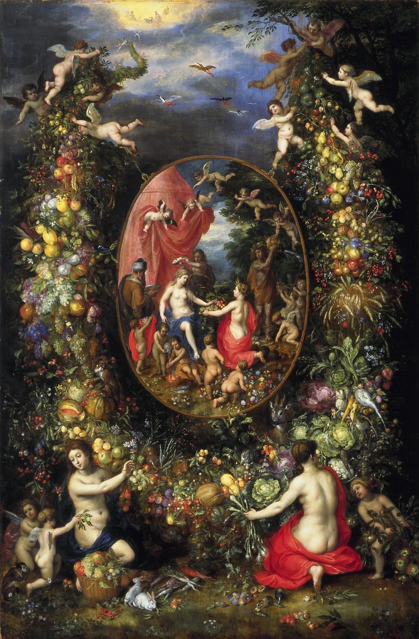 Bir tarım alegorisi etrafında meyve ve çiçek çelengi by Jan the Elder Brueghel