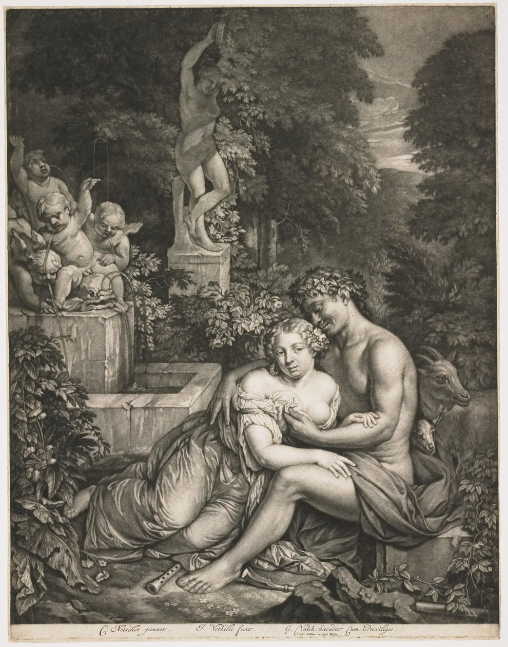 ಪ್ಯಾನ್ ಮತ್ತು ಪೊಮೊನಾ, ಸಿ.1685 (ಮೆಝೋಟಿಂಟ್) ಟರ್ಕ್ by Jan Verkolje