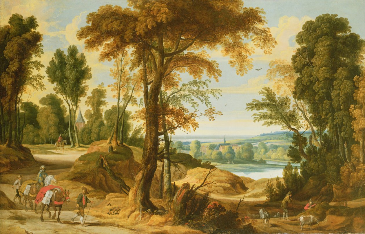 Bir yolda rakamlarla ormanlık bir nehir manzarası by Jan Wildens