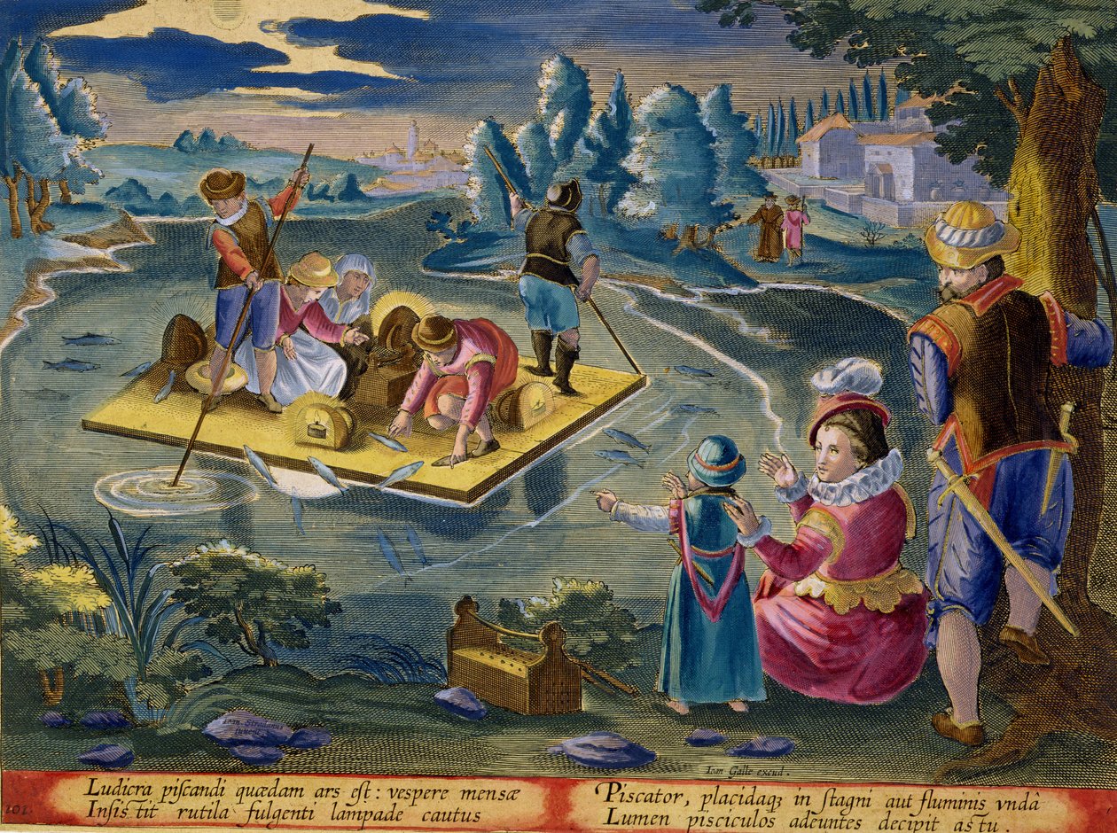 Geceleri Gölde Balık Tutma, Jan Collaert (1566-1628) tarafından oyulmuş 'Venationes Ferarum, Avium, Piscium'dan (Avlanma: Yabani Canavarlar, Kuşlar, Balık) 101 numaralı levha Amsterdam'dan Phillipus Gallaeus tarafından yayınlanmıştır. by Jan van der Straet