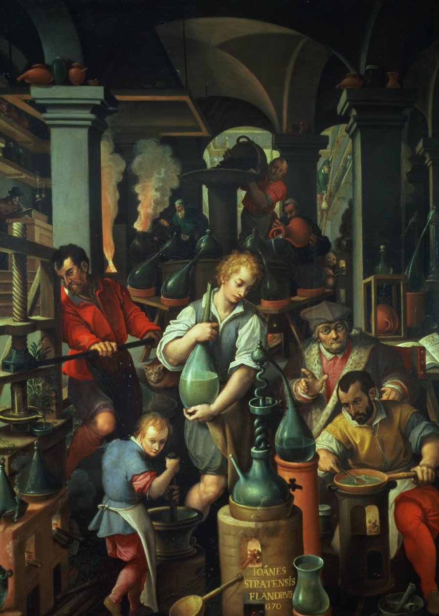 Simyacının Atölyesi, 1570 (arduvaz üzerine yağlı boya) by Jan van der Straet