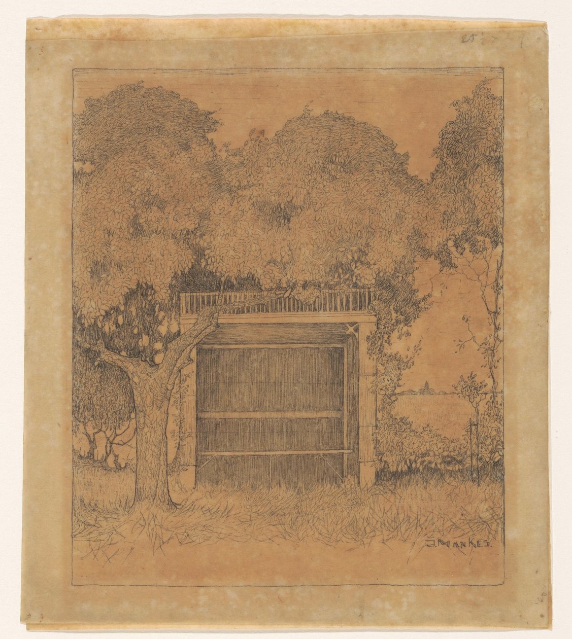 İki ağaç altında bahçe çardak by Jan Mankes (signed by artist)