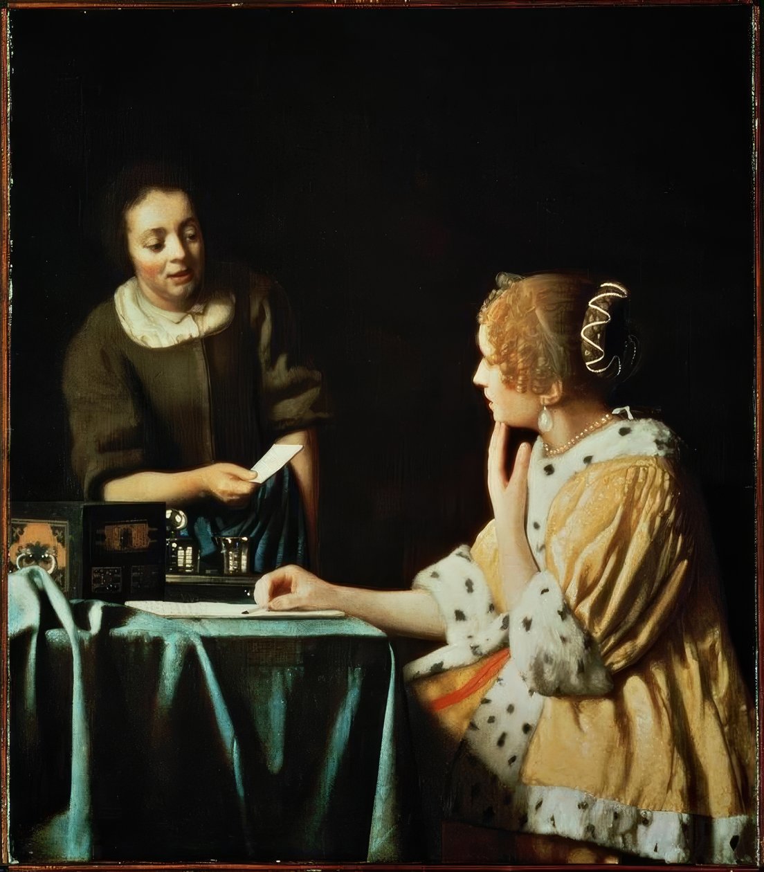 Bir hizmetçi ve bir mektup ile Bayan by Jan Vermeer van Delft