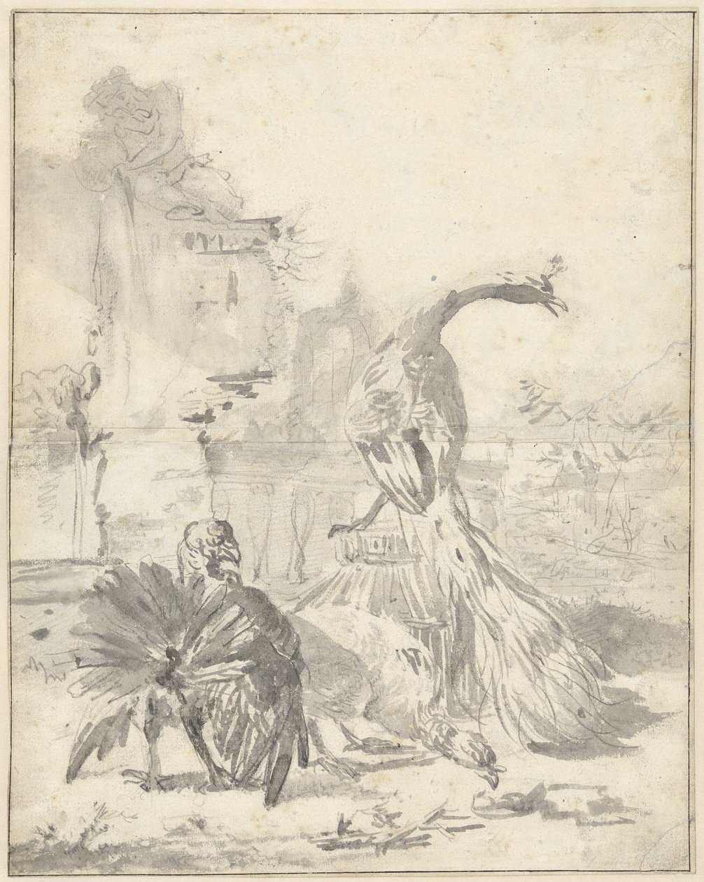 Tavus kuşu ve iki hindi ile Hoenderhof by Jan Baptist Weenix
