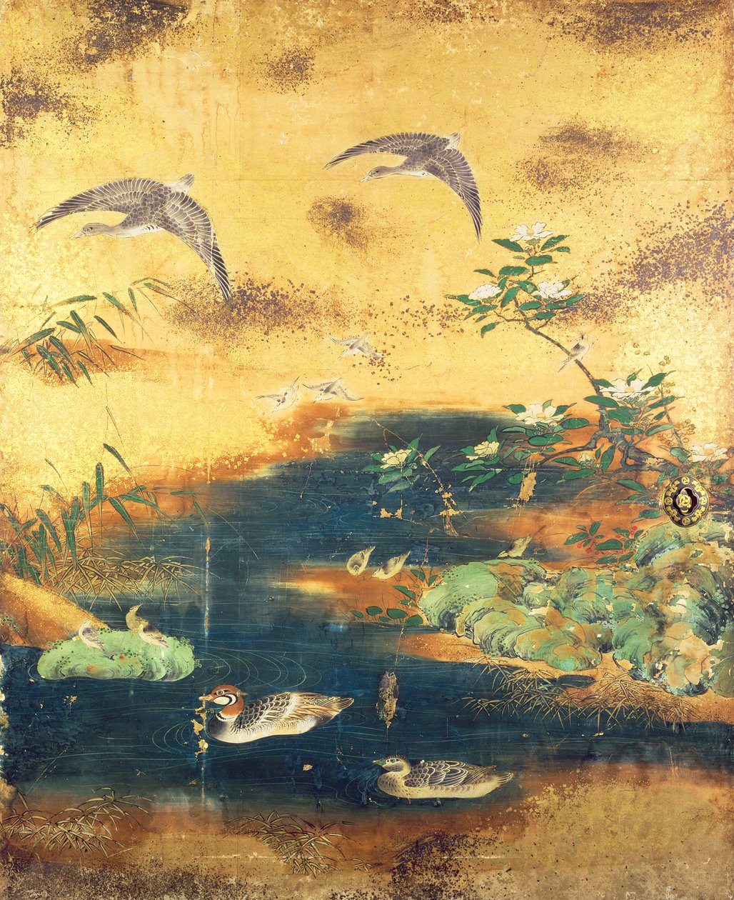 Kuşlar ve çiçekler sürgülü kapı paneli (mürekkep, renkler, kağıt üzerinde altın ve gümüş) by Japanese School