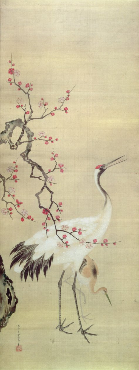 Crane and Blossom, c.1850-80 (ipek üzerine mürekkep ve renk) by Japanese School