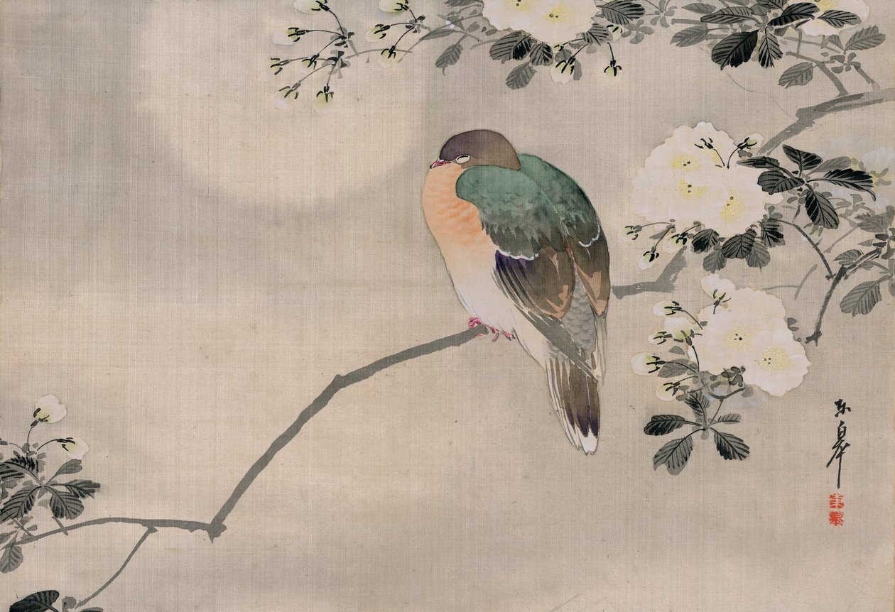 Ahşap Güvercin Japon İpek Tablosu by Japanese School