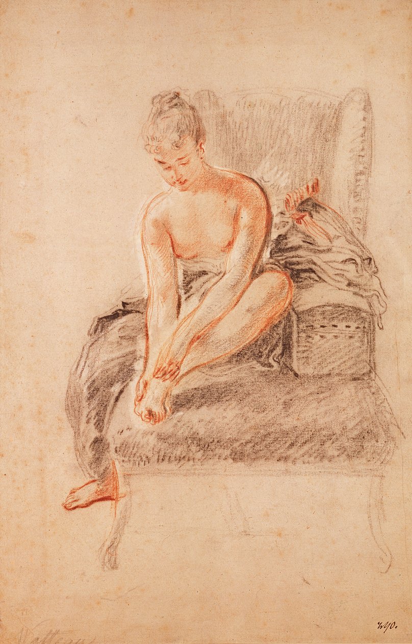 Ayağını tutan bir şezlong üzerinde oturan yarı çıplak kadın by Jean Antoine Watteau