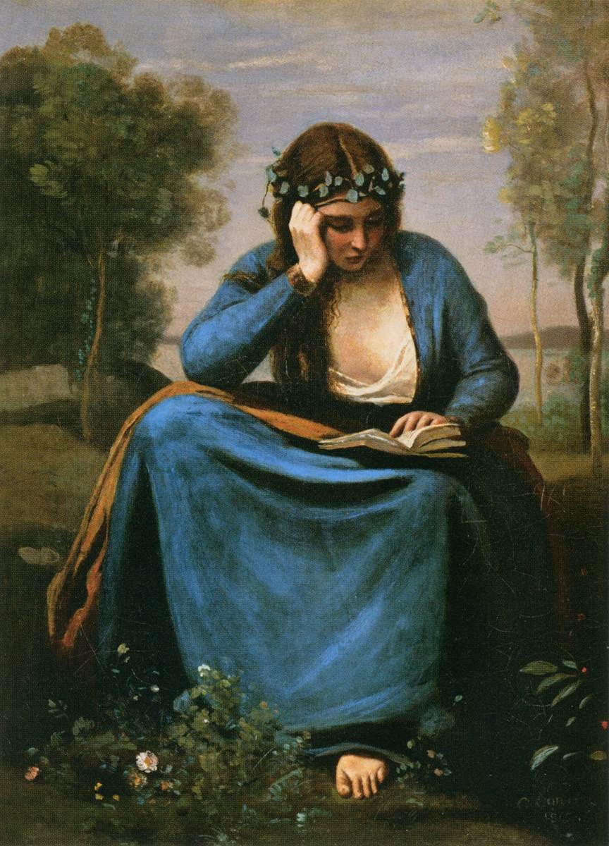 Çiçeklerle Çelenk Okuyucu by Jean Baptiste Camille Corot