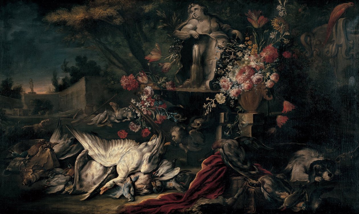 Atış teçhizatı ve çiçeklerle ölüm doğası ben by Jean Baptiste Oudry