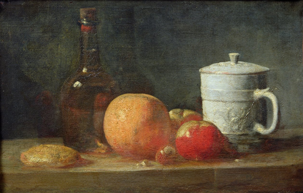 Meyve ve Şarap Şişesi ile Natürmort by Jean Baptiste Simeon Chardin