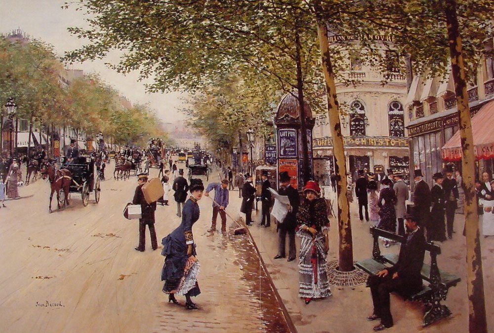 Boulevard des capucines - in the background Boulevard des Italiens with Pavillon de Hanovre on the right by Jean Beraud